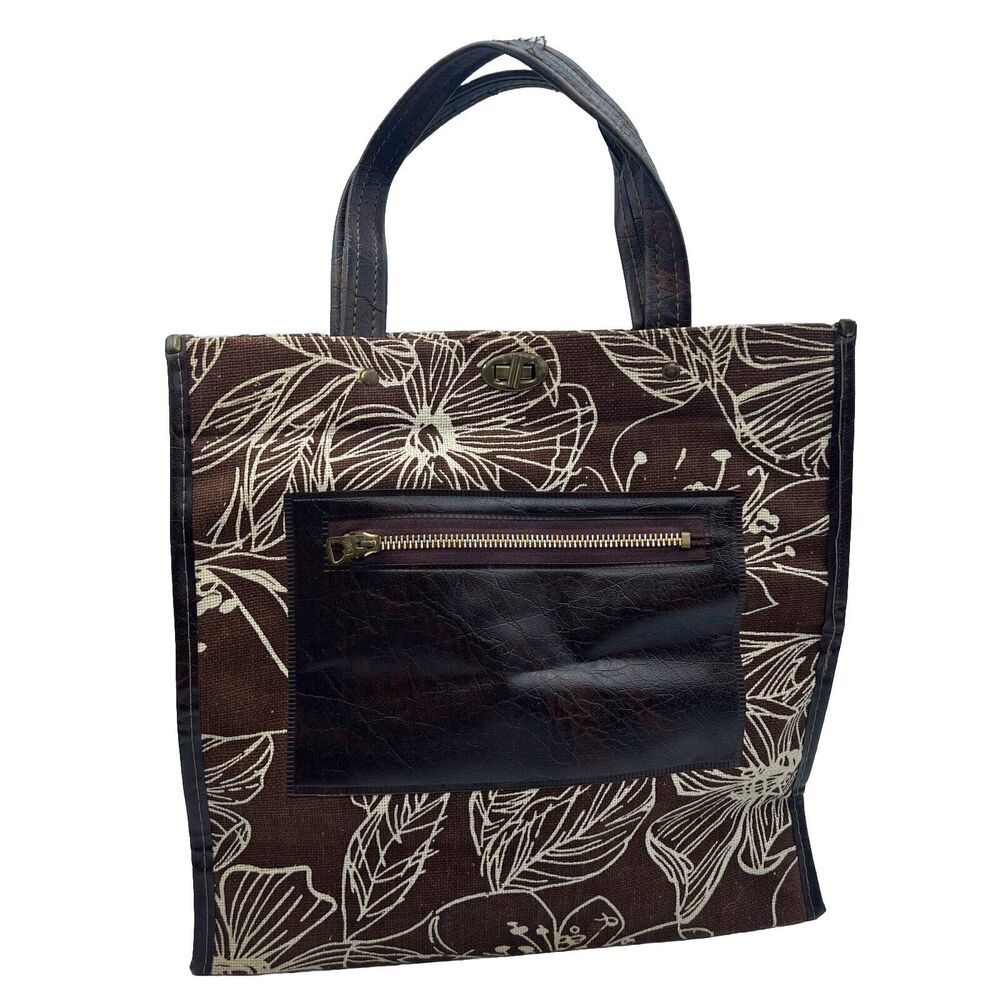 Vtg Tote Bag Purse Brown White Canvas Vinyl 1960s Floral Mid Century Mod MCM